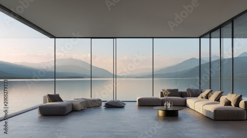 Minimalist luxury living room with panoramic lake and mountain view through floor to ceiling glass