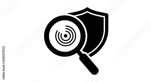 Magnifying glass and shield icon.
