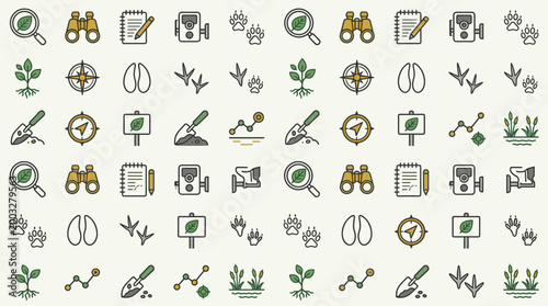 Biodiversity restoration icons and habitat management symbols arranged in a sophisticated seamless repeating pattern for