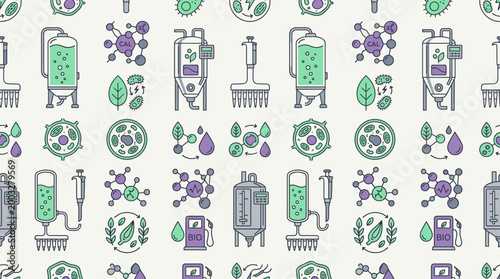 Bioenergy research icons and molecular fuel symbols arranged in a sophisticated seamless repeating pattern for scientific