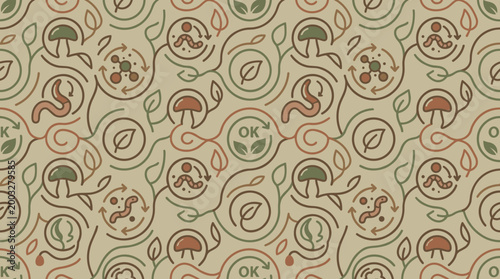 Seamless pattern of biological cycle icons with earthworms and mushrooms