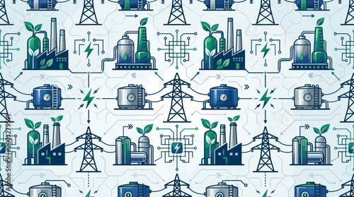 Sustainable biofuel infrastructure symbols and energy grid icons integrated into a sleek seamless repeating pattern for utility