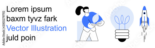 Business growth, creativity, scientific innovation, teamwork, problem-solving, startup concepts. Person holding a sphere, light bulb with leaves rocket. Creativity and innovation