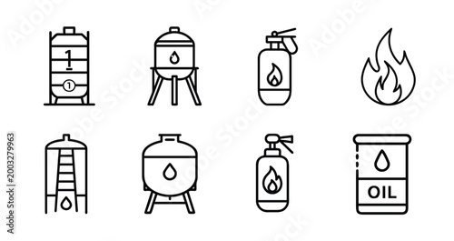 Oil and gas industry web line icons set fuel tank fire extinguisher energy & more vector illustration with editable stroke