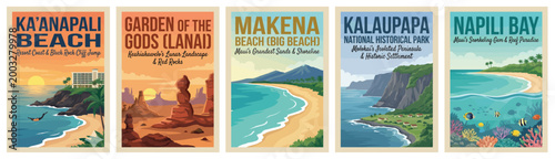 Vintage hawaii travel poster set. Including kaanapali beach, garden of the gods, makena beach, kalaupapa, and napili bay. Retro vector illustration.