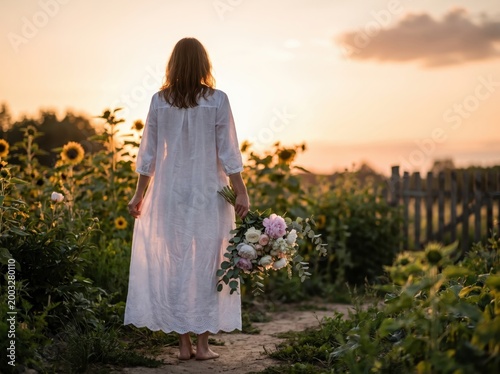 Woman in white dress holding a bouquet of flowers in a sunflower field at sunset