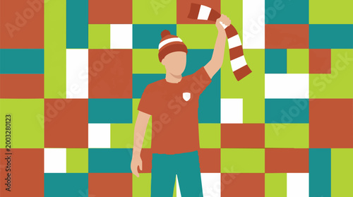 Minimalist illustration of a sports fan cheering with a scarf and hat