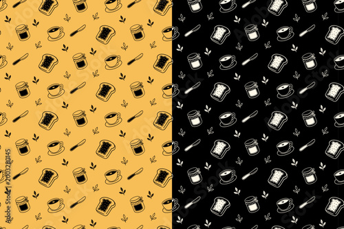Breakfast items doodle seamless pattern for kitchen textile. Seamless pattern with coffee cups, toast with jam, jars, and butter knives hand drawn illustration for cafes branding and packaging