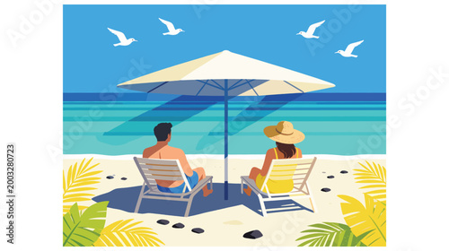 Couple relaxing on beach chairs under umbrella with calm sea and sky background.