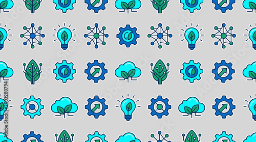 Clean technology ecosystem icons and innovation symbols arranged in a seamless repeating pattern for tech industry branding.