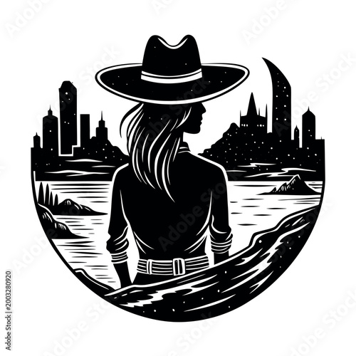 Desert Mirage Cowgirl Illusion Western Silhouette Illustration
