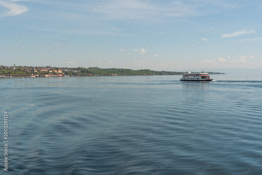 Naklejka premium Car ferry crossing Lake Constance towards Meersburg, Baden-Wuerttemberg, Germany