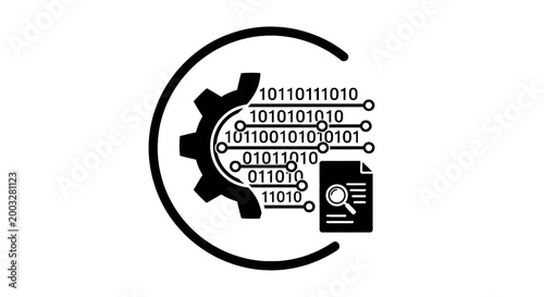 Black gear brain with binary code.