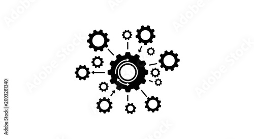 Black gear icons interconnected machinery.
