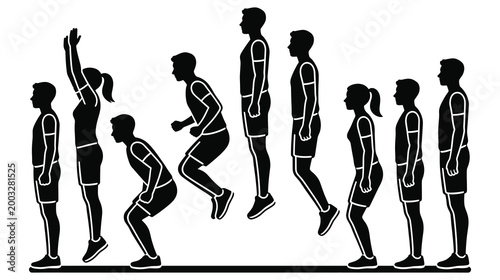 Sequence of silhouettes showing woman jumping from standing to crouching position then leaping up.