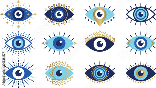 Blue And Gold Evil Eye Nazar Protection Amulet Vector Illustration Set Featuring Various Mystical Geometric And Ornate Spiritual Talisman Designs