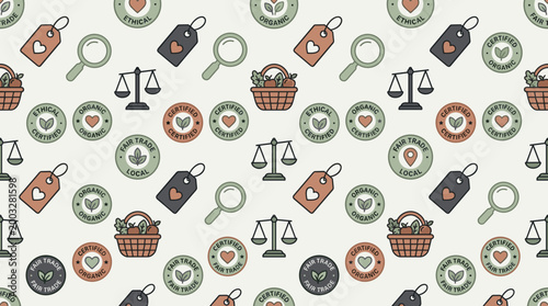 Responsible consumption habits and ethical lifestyle symbols arranged in a seamless repeating pattern for conscious branding use.