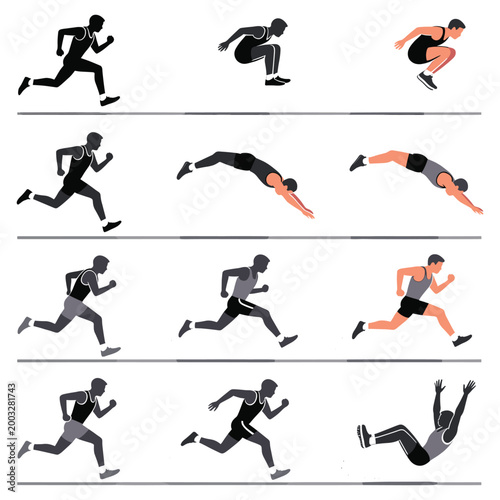 Athlete sequence of running and jumping drills showcasing different poses and movements.