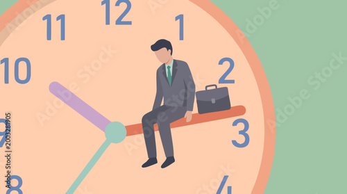 Time pressure concept with a businessman sitting on a clock's hour hand