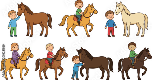 Cartoon Illustration Set of Happy Children Riding and Petting Brown and White Horses and Ponies Isolated on White Background