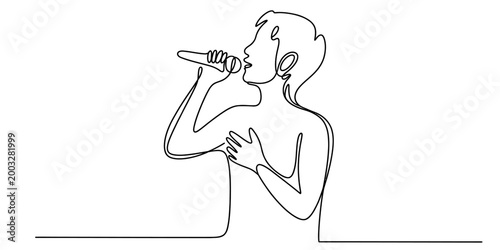 Continuous single line drawing of a person singing into a microphone