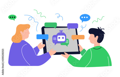 Two people holding a tablet with a chat bot on the screen