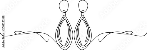 Minimalist continuous line art drawing of elegant teardrop earrings with decorative flowing flourishes for luxury jewelry design and fashion accessories branding