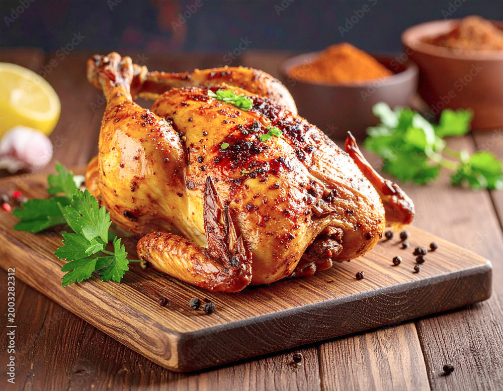 Fototapeta premium Turkey rubbed with a spice mix and roasted, wooden board, closeup. AI