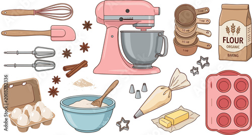 Cartoon Vector Illustration Collection of Professional Baking Equipment Including Pink Stand Mixer Flour Eggs and Measuring Cups Isolated on White