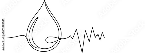 Continuous single line drawing of a water drop combined with a heart beat pulse line symbol showing health and life connection in a clean minimalist vector style