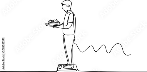Continuous line drawing of a man standing on a scale holding a plate of food