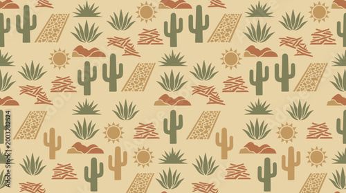 Desert landscape pattern with cacti, agave plants, sun and mountains