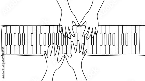 Top view of hands playing on a piano keyboard illustration