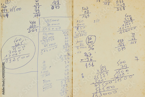 Canvas-taulu Handwritten Calculations and Vintage Accounting Notes on Aged Paper With Blue In