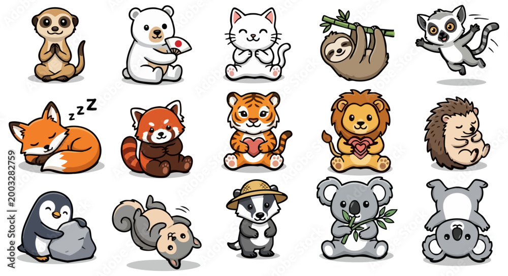 Fototapeta premium Cute Kawaii Wild Animals Set Happy Baby Wildlife Vectors