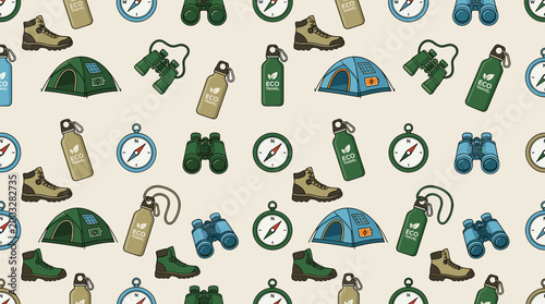 Eco tourism essentials and sustainable travel icons arranged in a seamless repeating pattern for ethical vacation branding.