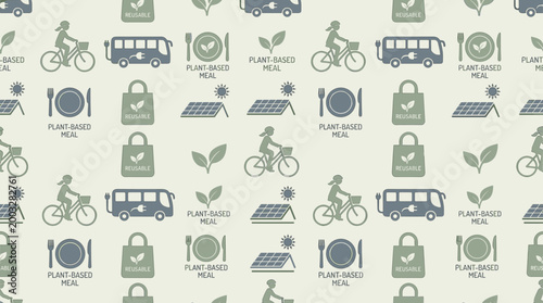 Low emission lifestyle icons and sustainable habit symbols arranged in a seamless repeating pattern for eco-conscious branding use