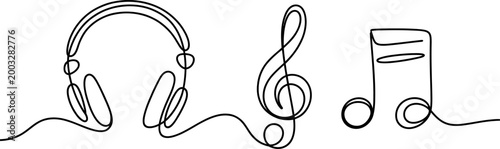 Continuous single line drawing of headphones with treble clef and music note symbol representing melody sound entertainment and audio technology concept art