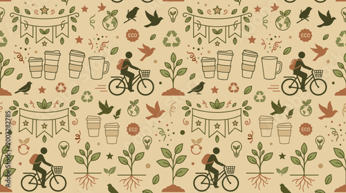 Eco-friendly event icons and sustainable celebration symbols forming a continuous seamless pattern for environmental awareness
