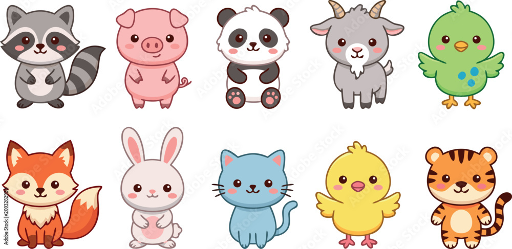 Obraz premium Adorable Cute Kawaii Baby Animal Characters Vector Collection Set Including Raccoon Pig Panda Goat Bird Fox Rabbit Cat Chick And Tiger