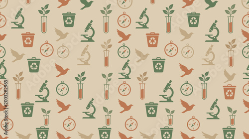Eco-learning materials and environmental science symbols forming a continuous seamless pattern for student awareness projects.