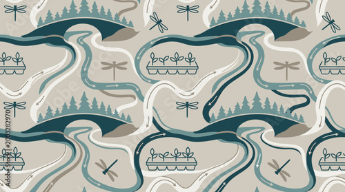 Abstract pattern of flowing water, bridges, trees, and dragonflies
