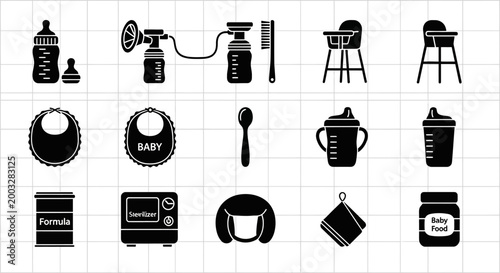 Baby Feeding and Care Icons Set