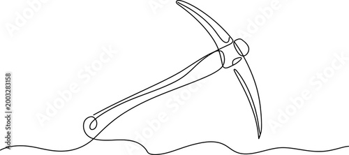 Continuous single line drawing of a pickaxe tool used for mining and digging in a simple minimalist art style