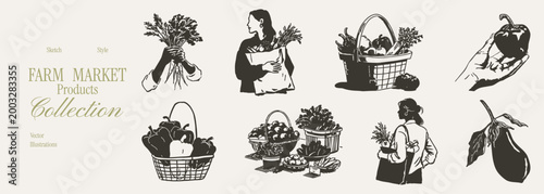 Farm market vegetables baskets shoppers and sketch set. Crayon drawn pencil style scenes with peppers, herbs, eggplant and buyers carrying goods. Illustrations for packaging and menus.