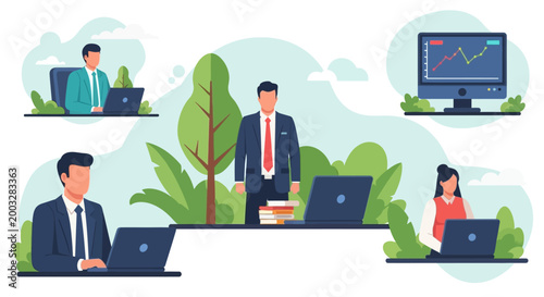 Business Professionals Working Remotely in Nature Inspired Office Environment