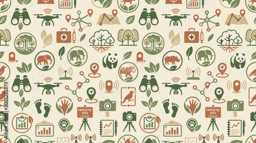 Endangered species monitoring icons and habitat protection symbols forming a continuous seamless pattern for ecological research