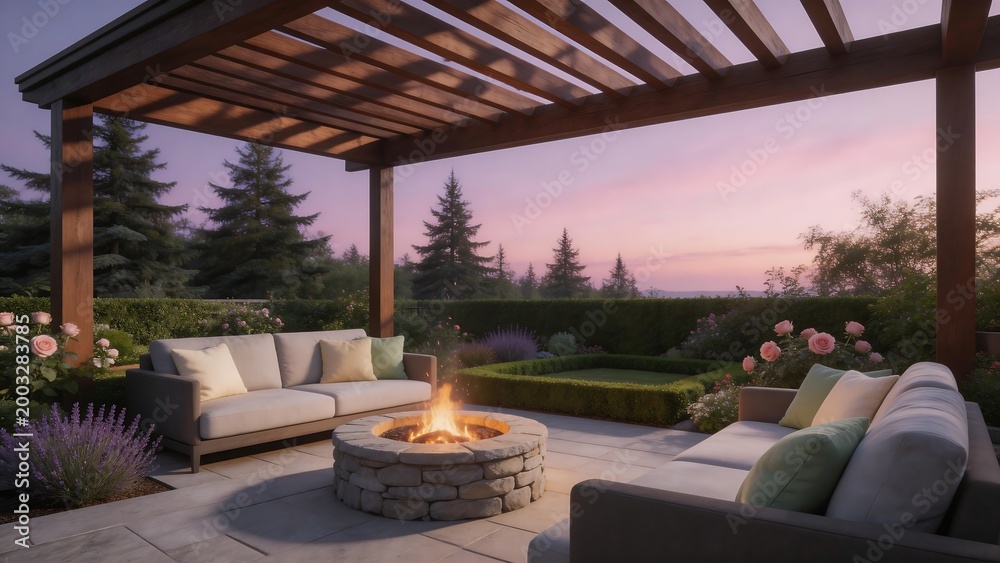 Fototapeta premium Outdoor patio with fire pit and seating