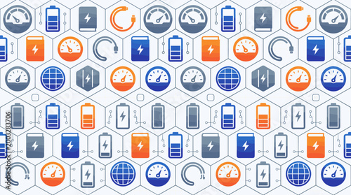 Energy storage technology icons and portable power symbols integrated into a sleek seamless repeating pattern for outdoor tech