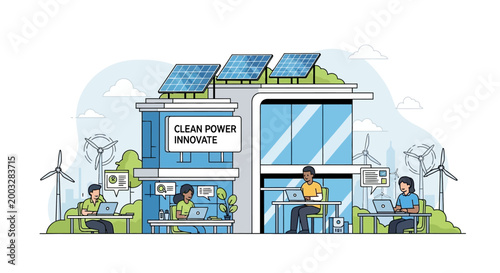 Clean Power Innovation Office with Solar Panels and Wind Turbines